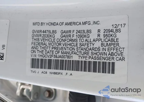 2018 Honda Accord Ex-L 2.0T from USA, damaged, VIN 1HGCV2F59JA007801